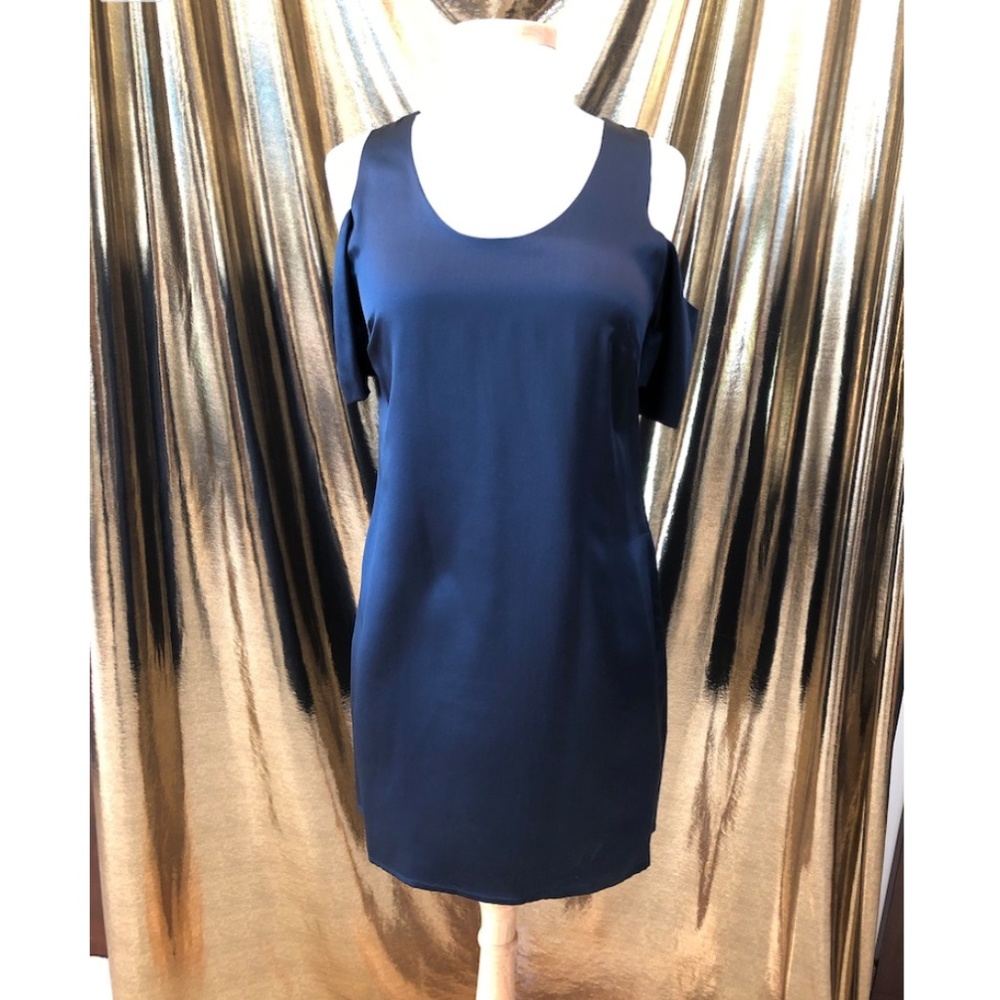 Cold Shoulder Navy Silk Satin Shift Dress Sz. 8